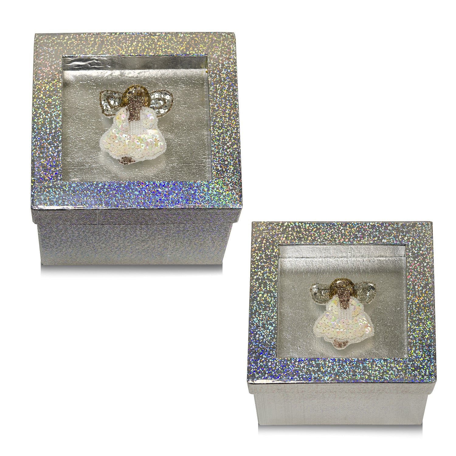 Hologram Gift Box Set with Decorative Angel Sequin Applique/Patch/ 2 Pc Set  - Silver