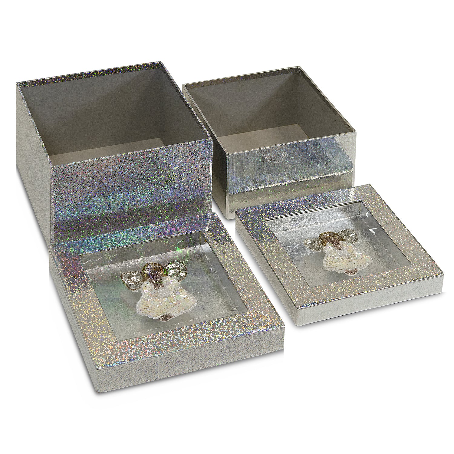 Hologram Gift Box Set with Decorative Angel Sequin Applique/Patch/ 2 Pc Set  - Silver