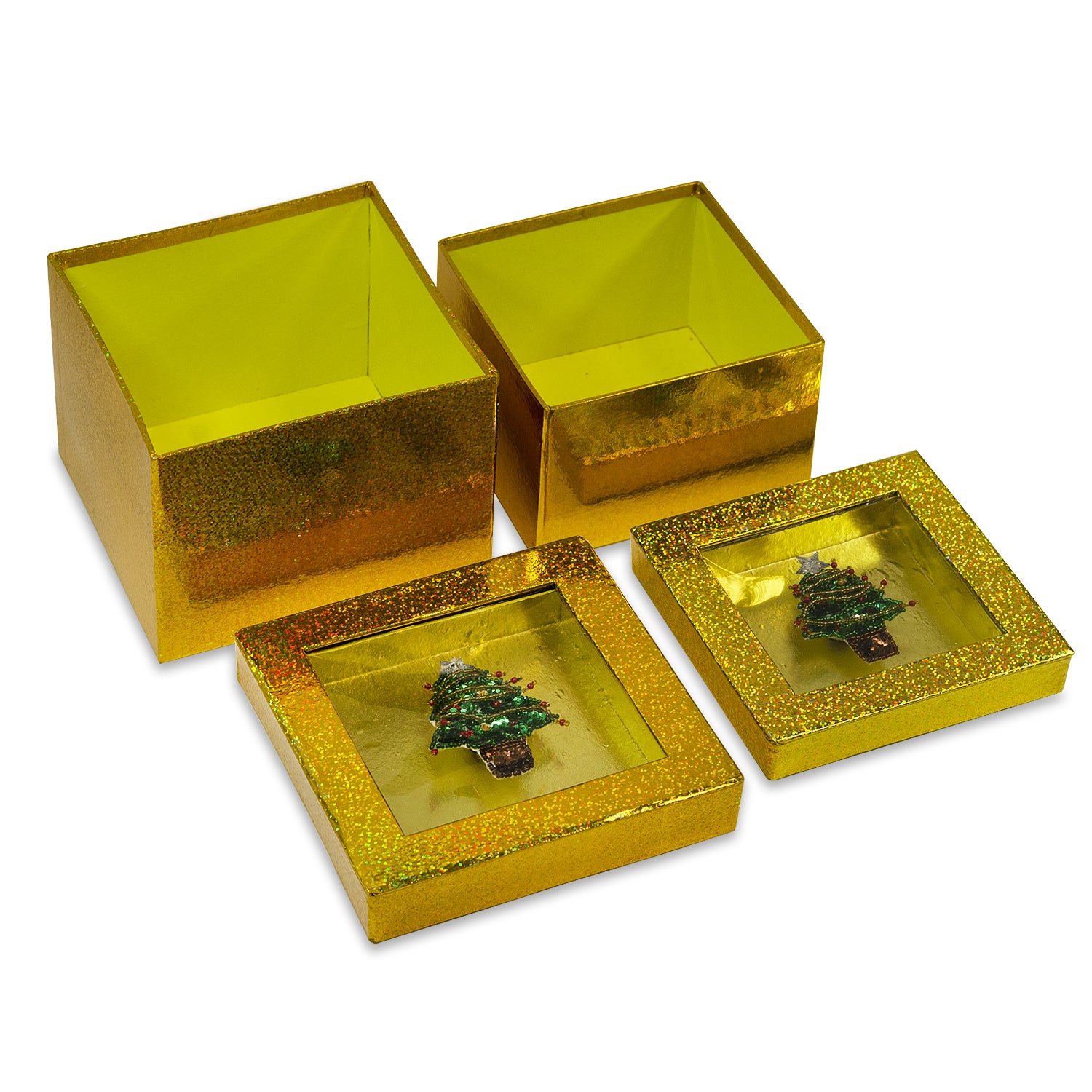 Hologram Gift Box Set with Decorative Christmas Tree Sequin Applique/Patch  - Gold