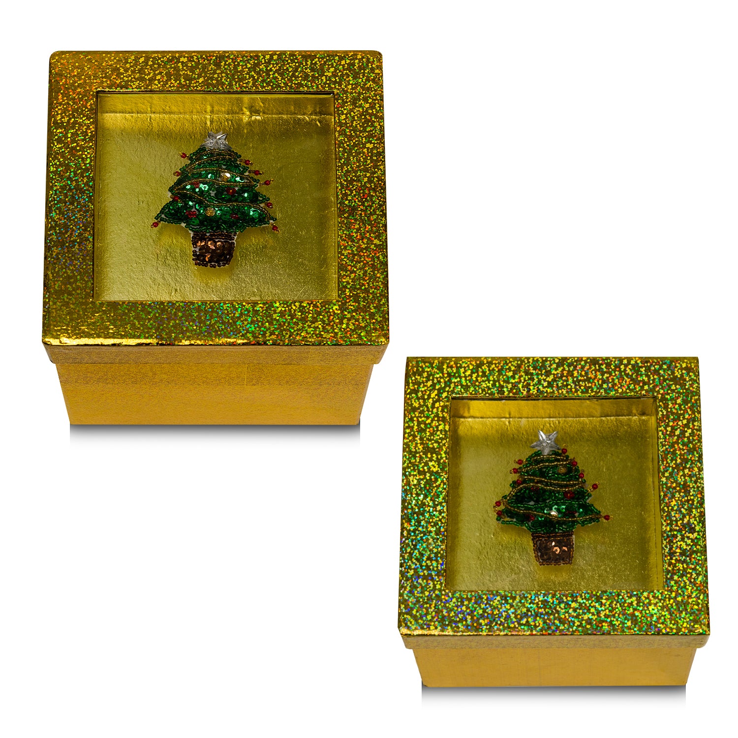 Hologram Gift Box Set with Decorative Christmas Tree Sequin Applique/Patch  - Gold