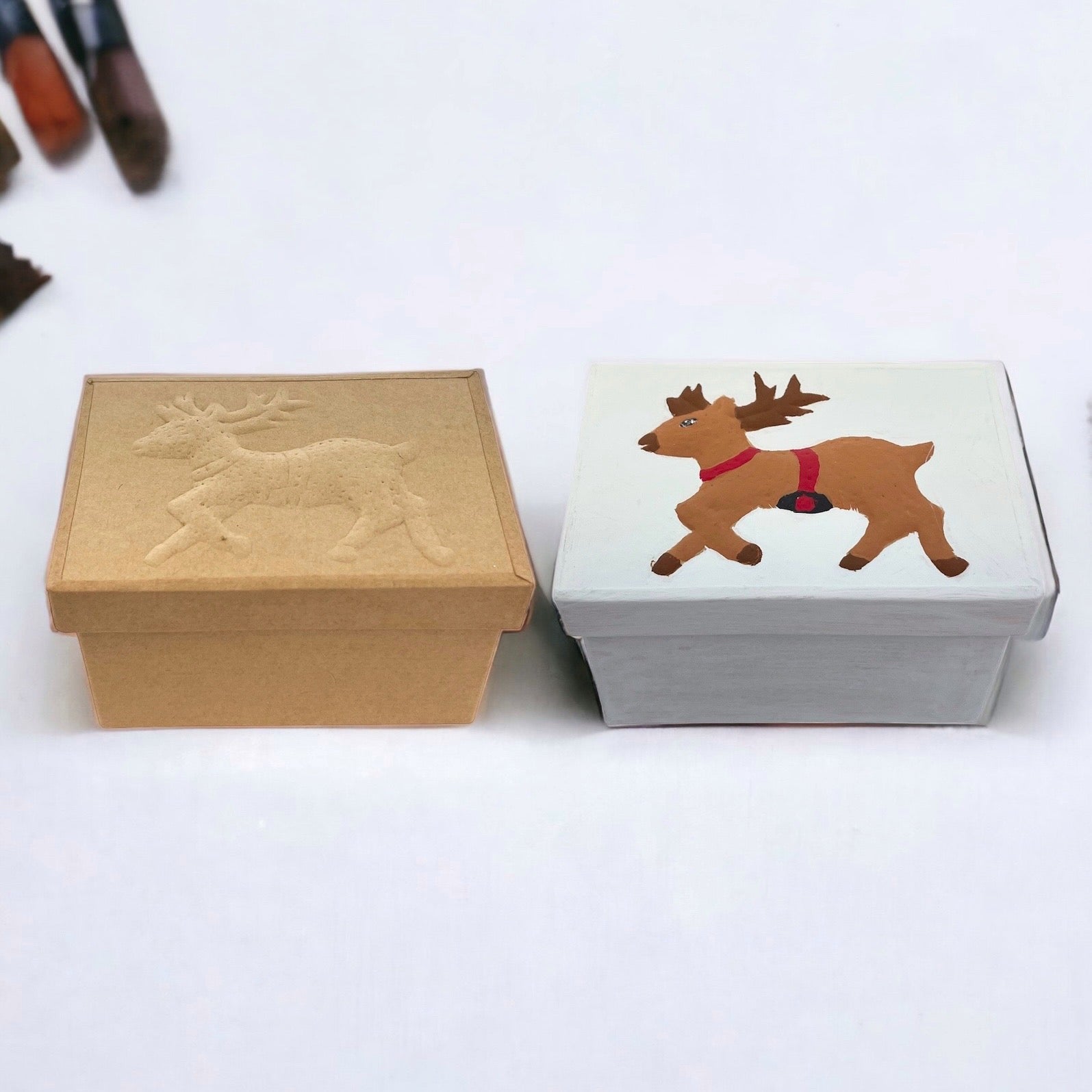 Rectangular Box with Reindeer Embossed Lid  - Natural