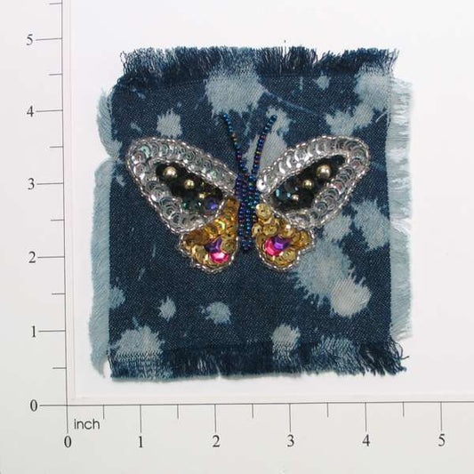 Butterfly Sequin on Denim Applique/Patch 4 1/4" x 4"  - Multi Colors