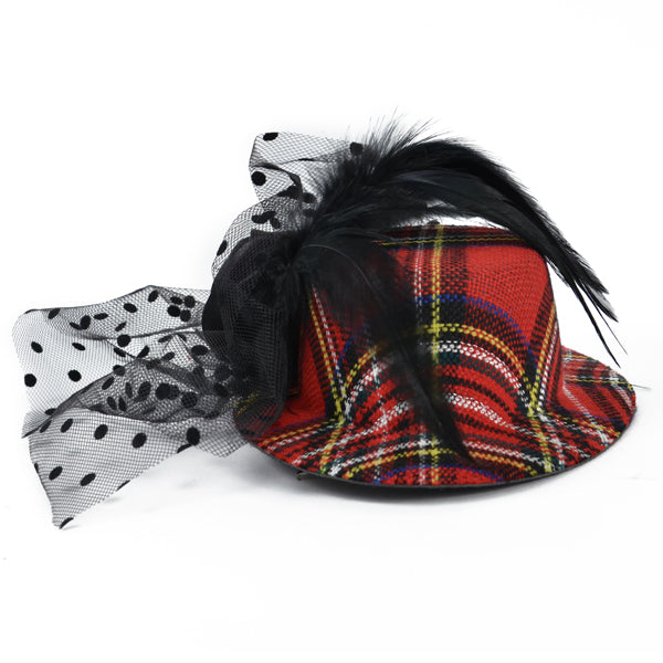 Bijou Plaid Fascinator Mini Top Hat   - Red