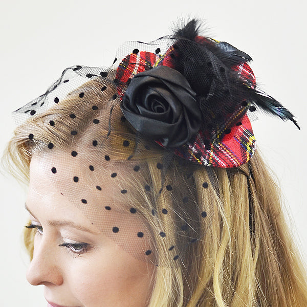 Bijou Plaid Fascinator Mini Top Hat   - Red