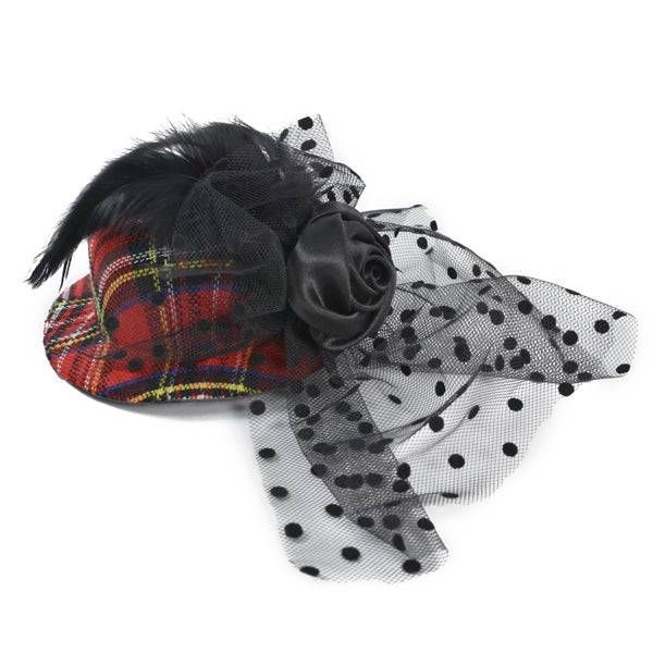 Bijou Plaid Fascinator Mini Top Hat   - Red