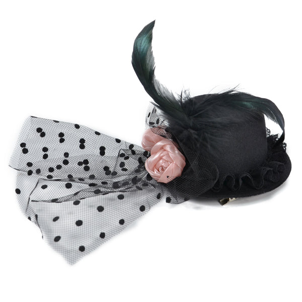 Lindsey Fascinator Mini Top Hat with Pink Satin Roses    - Black