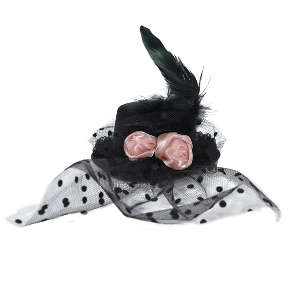 Lindsey Fascinator Mini Top Hat with Pink Satin Roses    - Black