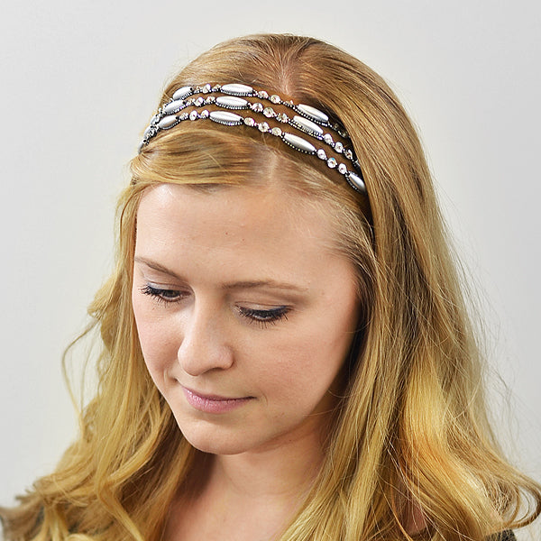 Beaded Organza Stretch Headband     - Brown