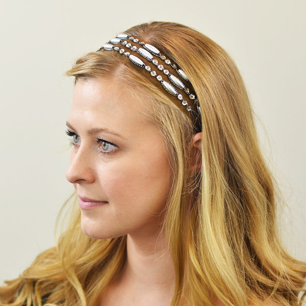 Beaded Organza Stretch Headband     - Brown