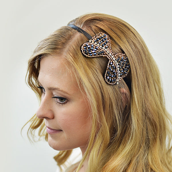 Fashion Bow Beaded Headband 3 1/2" x 2 1/4"  - Gold/Black