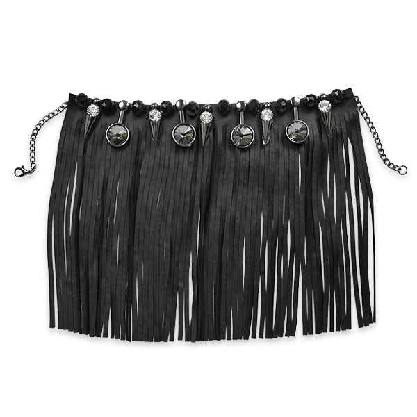 Faux Leather Fringe & Large Stones Detachable Collar 6"  - Black