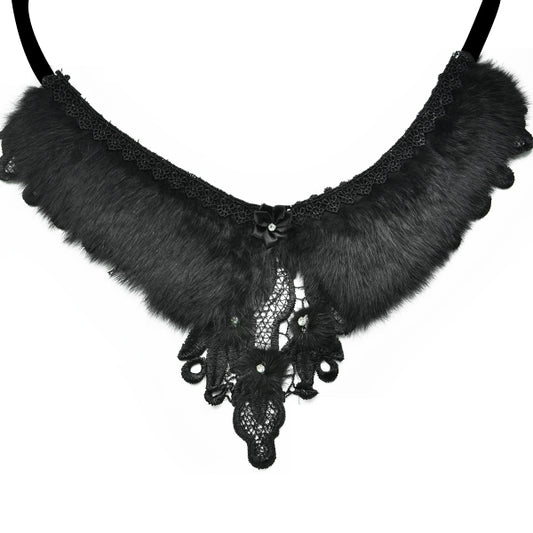 Faux Fur Collar with Lace and Rhinestones  - Black