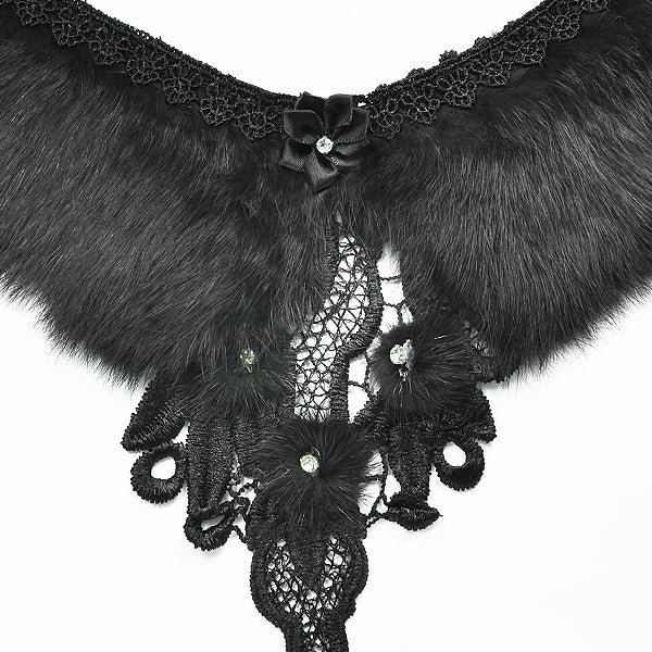 Faux Fur Collar with Lace and Rhinestones     - Black