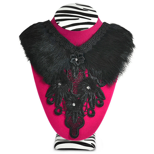 Faux Fur Collar with Lace and Rhinestones     - Black