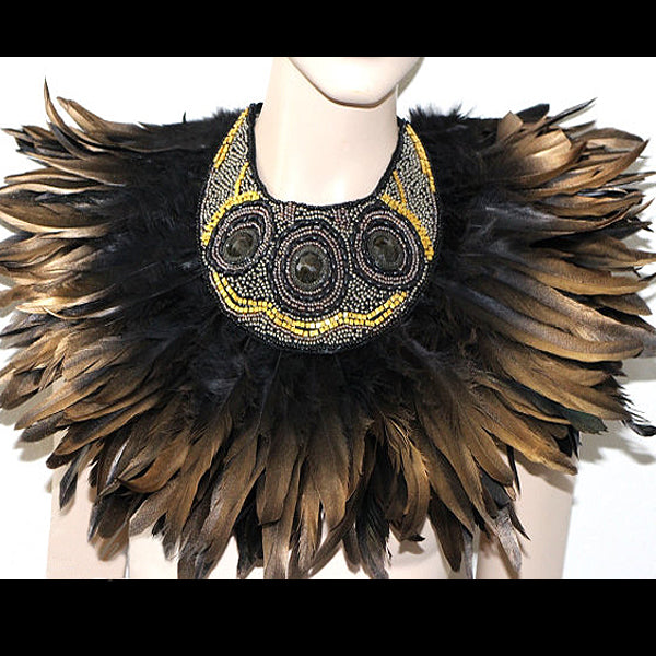 Beaded Embellished Lace Collar Applique 7 1/2 " x 7 1/2"  - Black/ Gold