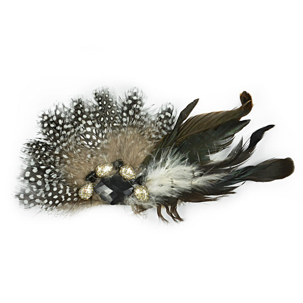 Polk Dot Feather Brooch and Hair Clip Accessory  - Black/White