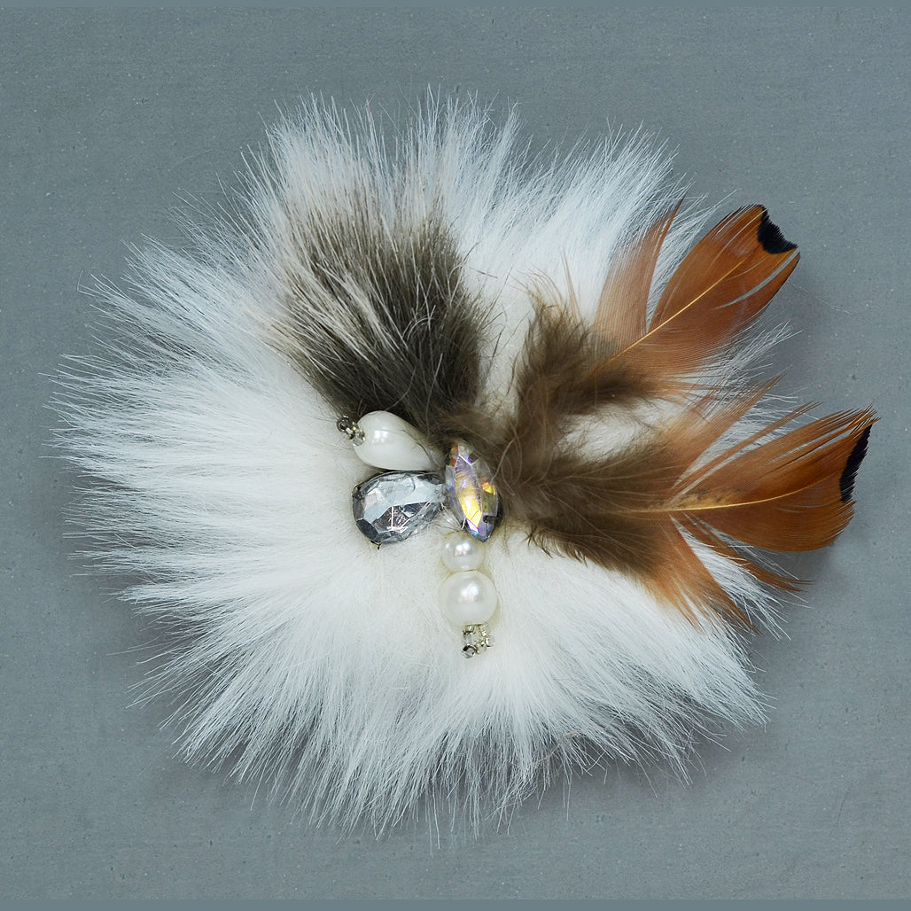 Faux Fur Feather Brooch Pin Hair Clip Accessory with Crystal Gems  - Cream