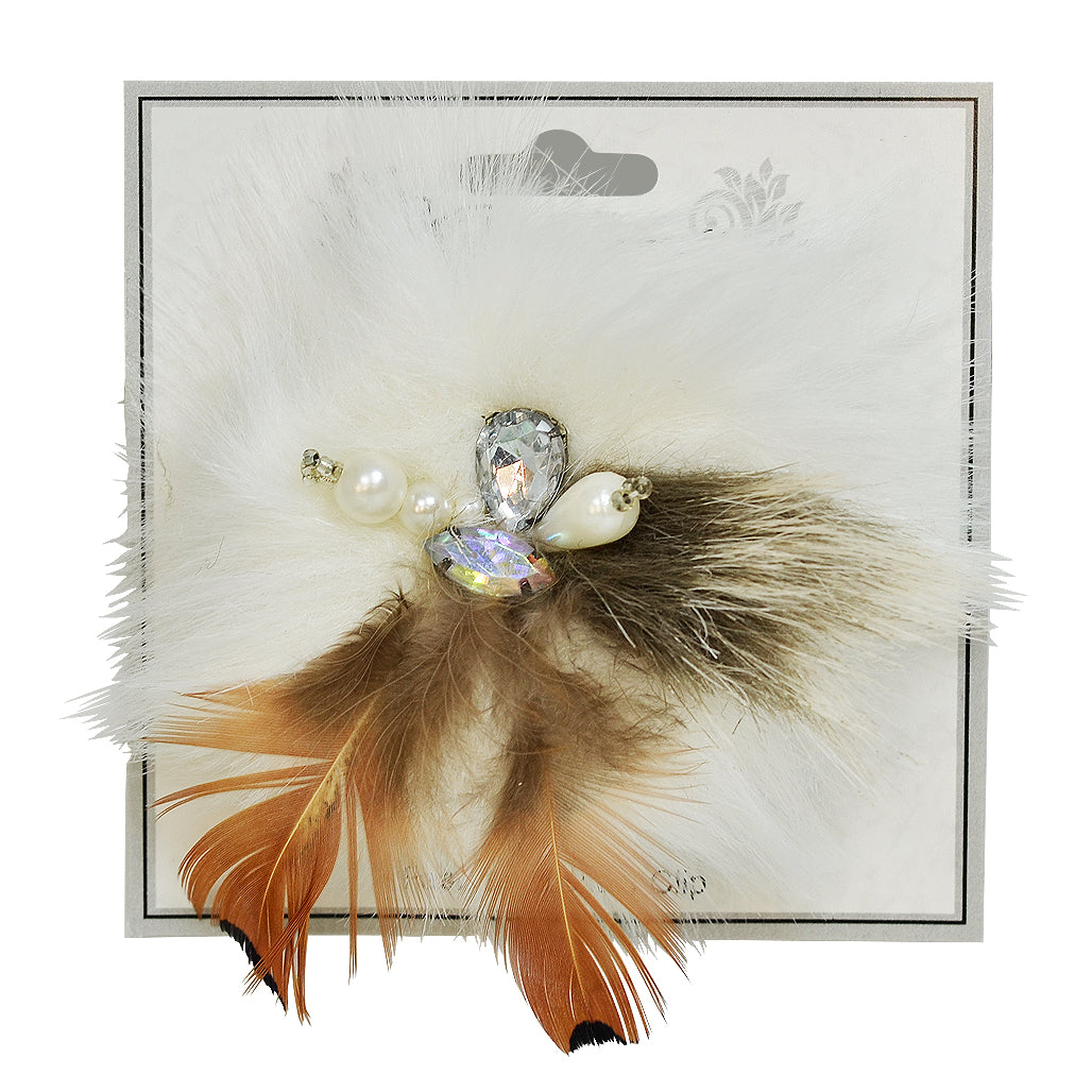 Faux Fur Feather Brooch Pin Hair Clip Accessory with Crystal Gems  - Cream