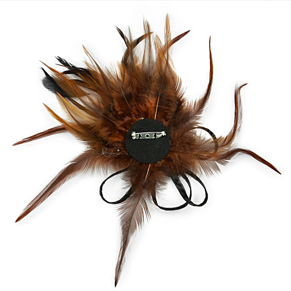 Pixie Feather Brooch with Rhinestone Accent        - Brown