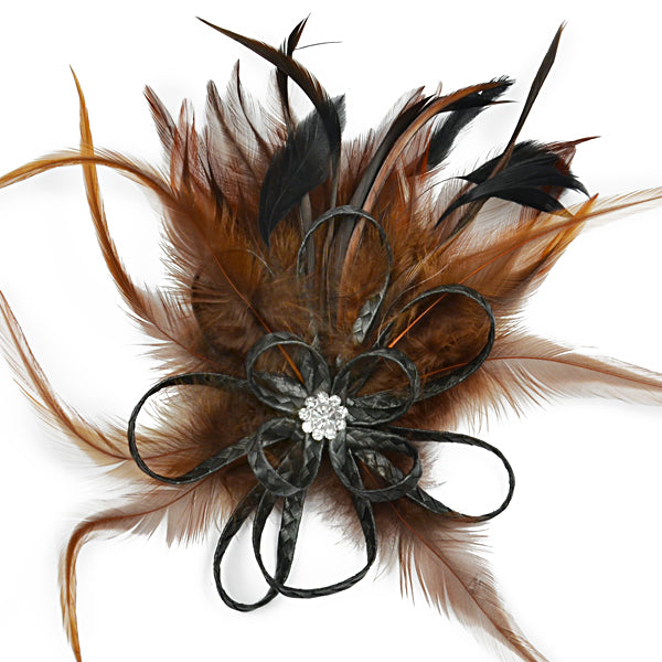 Pixie Feather Brooch with Rhinestone Accent        - Brown