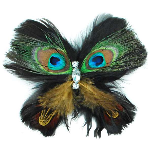 Peacock Feather Butterfly Brooch Pin Hair Clip Accessory with Crystal Gems  - Multi Colors