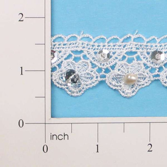 Lace Flower Trim With Pearl & Sequin Accents (Sold by the Yard)