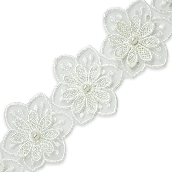 Una Embroidered  Daffodil 3D w /Pearl Trim (Sold by the Yard)