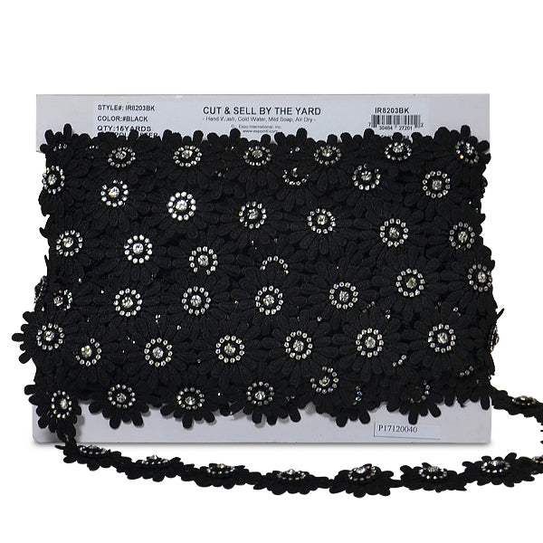 5 Yards of Krystal Rhinestone Daisy Flower Trim    - Black