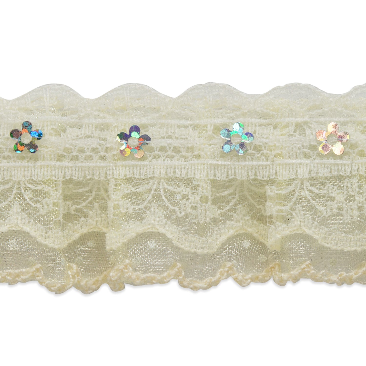 Aria 1 1/4" Sequin Ruffle Lace Trim   (Sold by the Yard)