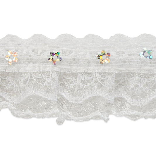 Aria 1 1/4" Sequin Ruffle Lace Trim (Sold by the Yard)