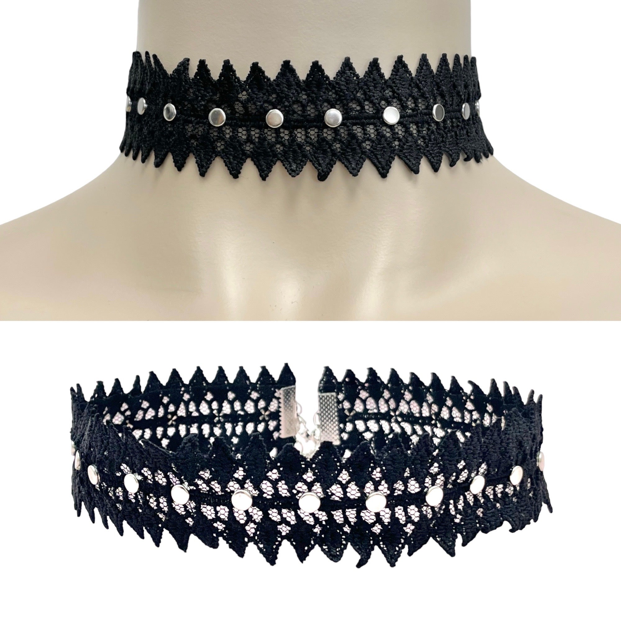 Annalise Lace Trim Embellished With 3MM Round Silver Studs  (Sold by the Yard)