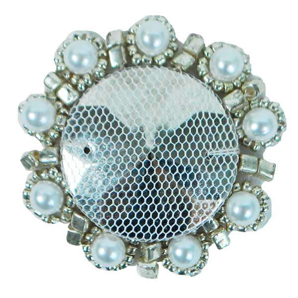 Floral Bead Pearl Medallion Applique/Patch  - Silver