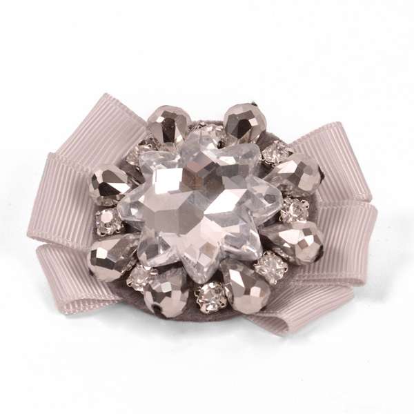 Bead and Gem Bow Brooch 2 1/2" X 1 3/4"  - Silver