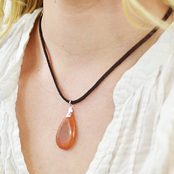 Leather Necklace With Red Adventurine Pendant  - Red Aventurine