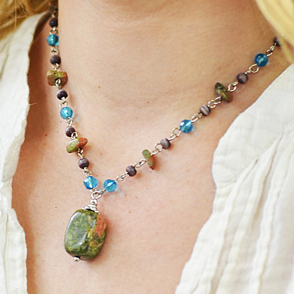 Necklace With Unakite Pendant  - Green