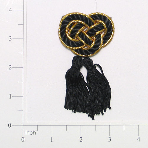 Braided Frog Dual Tassel Embellishment - 3 1/2" x 1 3/4"  - Black/ Gold