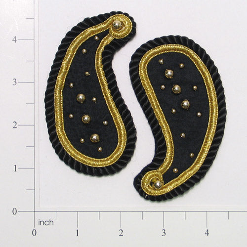 Beaded Paisley Applique/Patch with Cording 2 Pack - 3 3/4" x 2"  - Black/ Gold