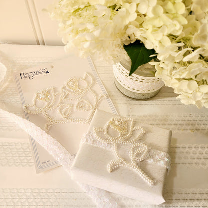 Vintage Bridal Pearl Rose Lace Applique/Patch 2 Pack 4 1/4" x 3"  - White