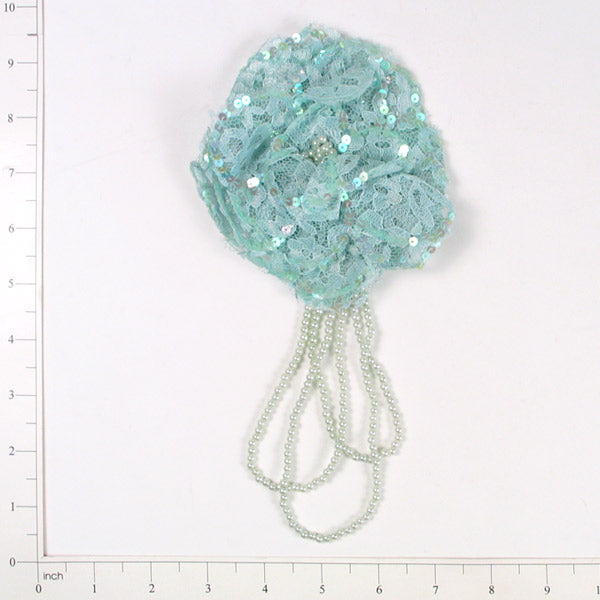 Beaded Lace Flower Brooch Applique  - Aqua  Blue