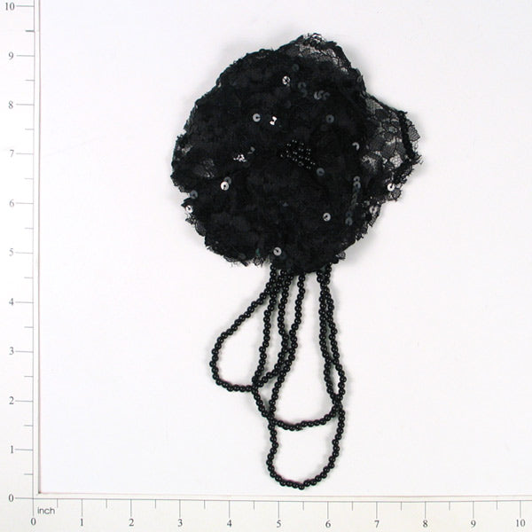 Beaded Lace Flower Brooch Applique  - Black