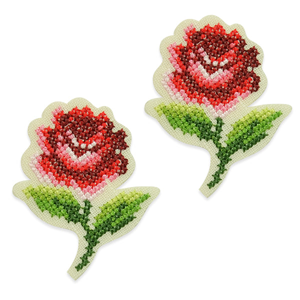 Carla Crosstitch Rose Iron-On Patch Applique/Patch 2 Pack 2 1/4" x 1 7/8"  - Red/Green