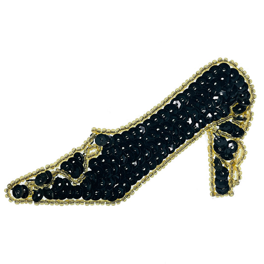 Small High Heel Shoe Beaded Sequin Applique  - Black