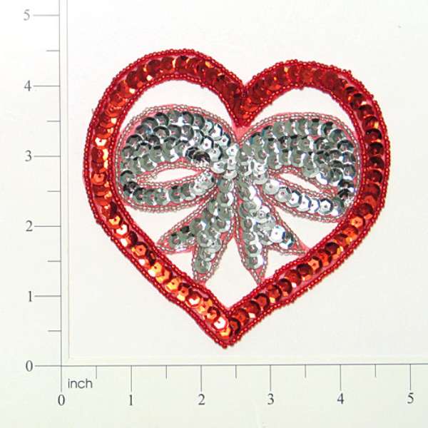 4 1/4" x 4 1/4" Heart With Bow Sequin Applique