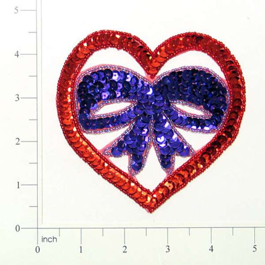 Heart With Bow Sequin Applique/Patch  - Red / Purple