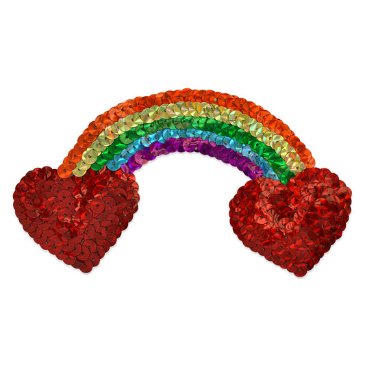 Rainbow With Hearts Sequin Applique/Patch  - Red Multi