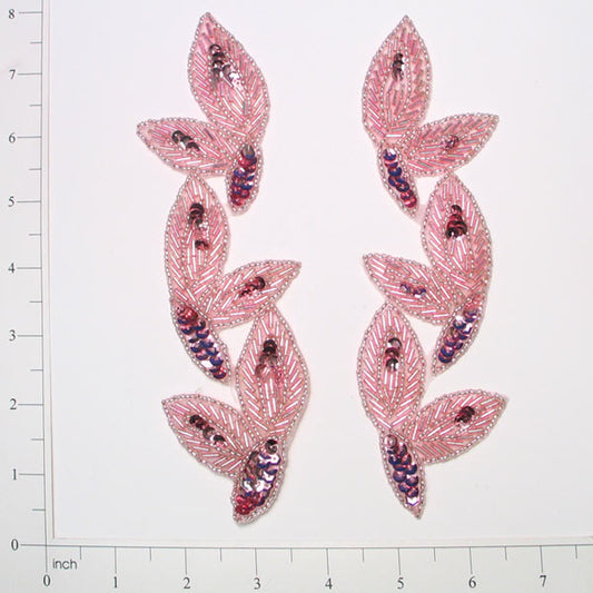 7 1/4" x 2 1/4" Foliage Beaded Sequin Applique/Patch Pack of 2  - Pink
