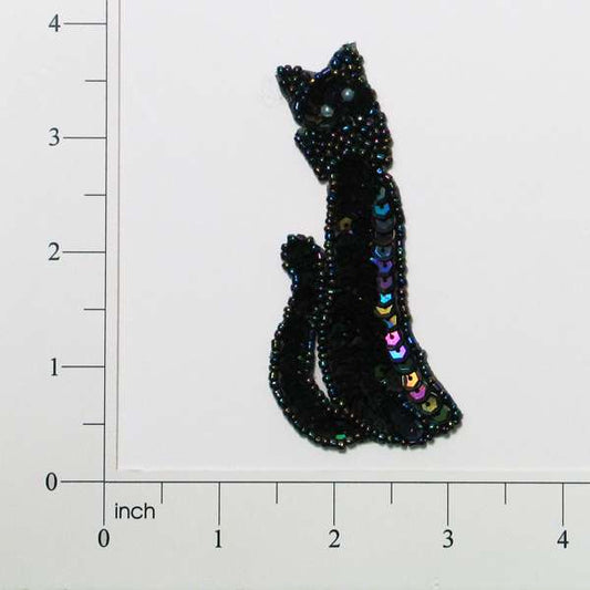 Cat with Bow Sequin Applique/Patch  - Black Aurora Borealis