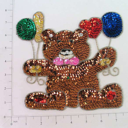 7 3/4" x 7 1/2" Teddy Bear with Balloons Sequin Applique/Patch  - Brown Multi