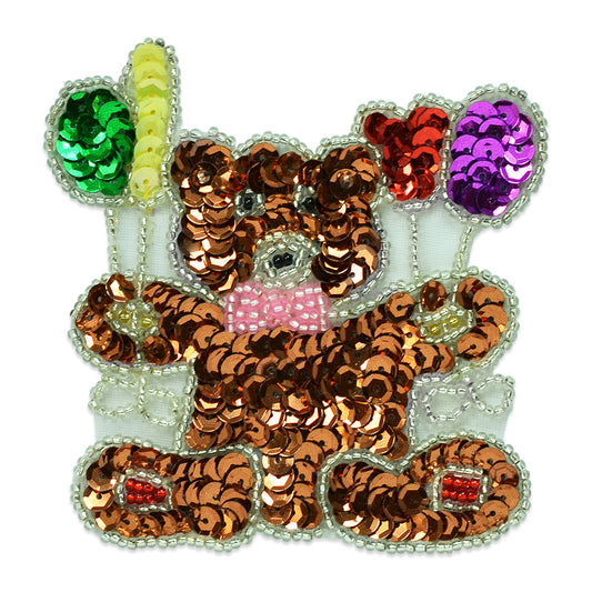 3 1/4" x 3 1/4" Teddy Bear with Balloons Sequin Applique/Patch  - Brown Multi