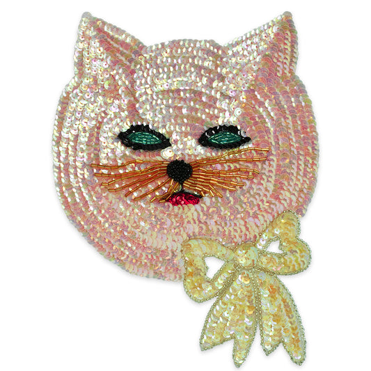 9" x 7" Cat Face Sequin Applique/Patch  - Light Pink